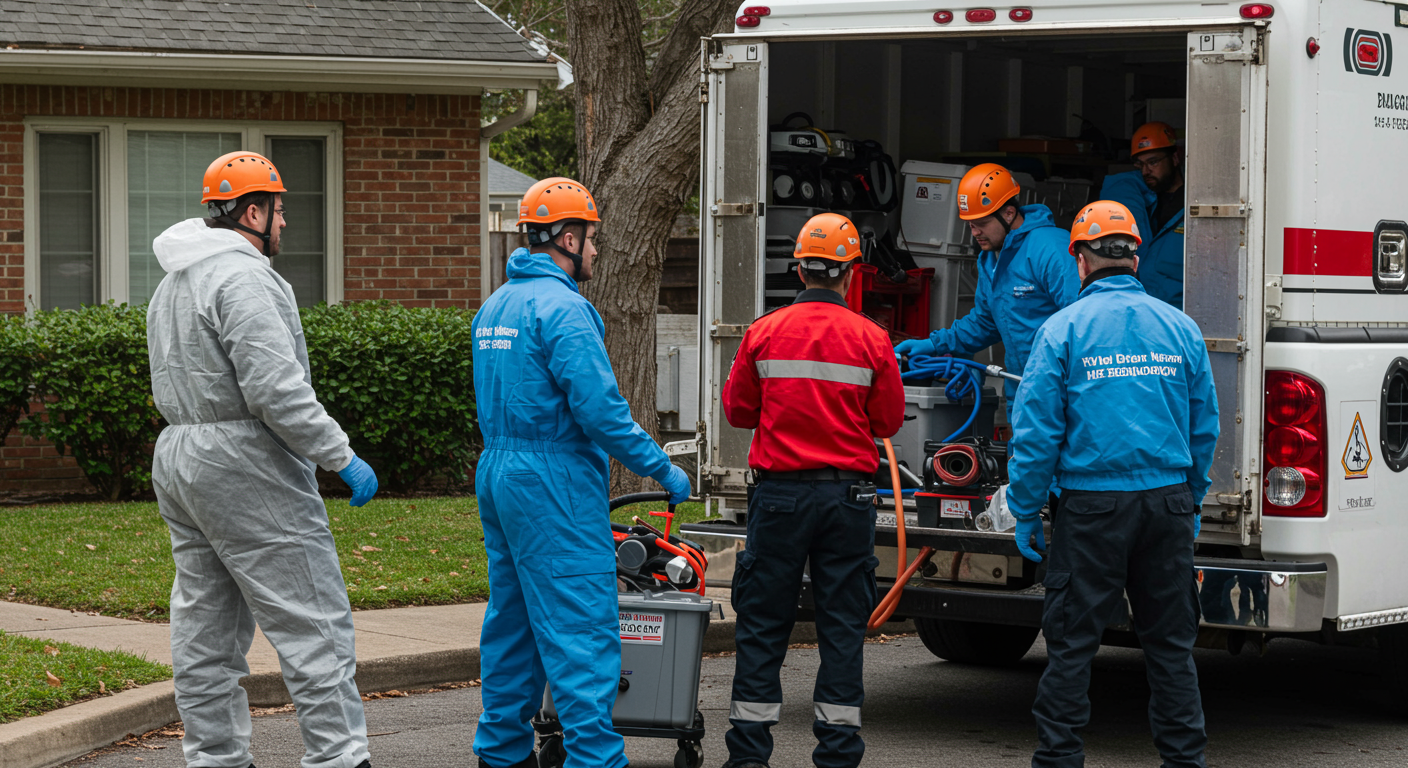 A professional mold remediation team responding to an emergency call, loading equipment into a truck outside a home. The scene conveys urgency and readiness to tackle mold issues promptly.